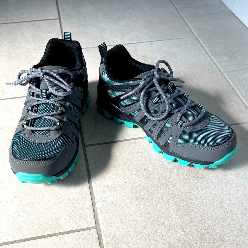 Gray and teal sneakers